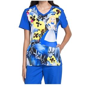 CHEROKEE DISNEY ALICE'S GARDEN PARTY SCRUB TOP